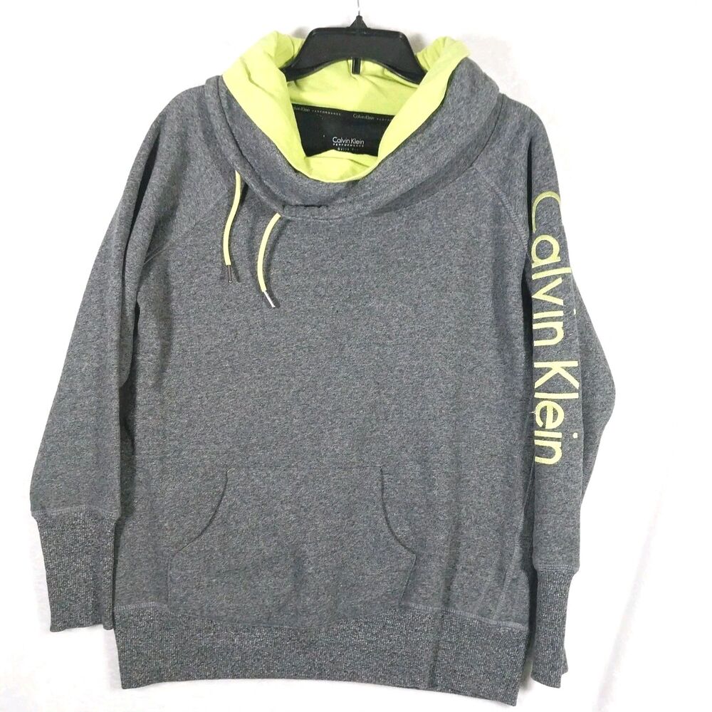 Calvin Klein Performance Hoodie Womens Medium Gray Neon Green Cowl Pullover E81